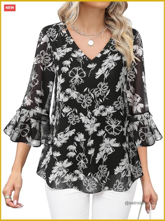 Tops - Dressy Casual Tunic with Ruffle 3/4 Sleeves and V-Neck
